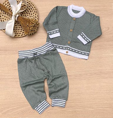 Saída de Maternidade Menino Casaco e Calça para Bebê tricot Conjunto Listras 2 peças