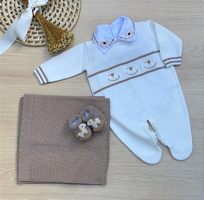 Saída de maternidade menino macacão cavalinho balanço tricot 4 peças