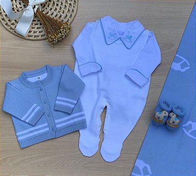 Saída de Maternidade Dinhos Baby Menino Texas Cavalinho Tricot 5 peças