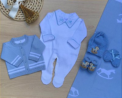Saída de Maternidade Dinhos Baby Menino Texas Cavalinho Tricot 7 peças
