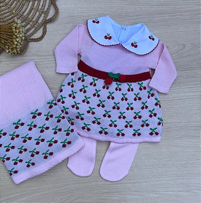Saída de Maternidade Cherry Menina Cerejinhas Tricot Rosa 4 peças