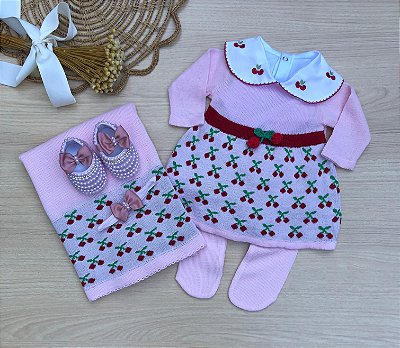 Saída de Maternidade Cherry Menina Cerejinhas Tricot Rosa 6 peças