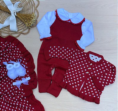 Saída de Maternidade Bolinhas 6 Peças Conjunto Tricot com Casaco, Manta e Body