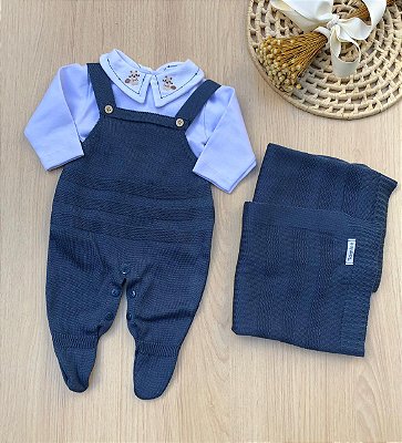 Saída de Maternidade Danilo esquilinhio 3 Peças | Tricot com Gola Bordada | Dinhos Baby