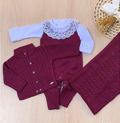Saída de Maternidade Tricot Clássica 4 Peças | Vinho com Body | Dinhos Baby
