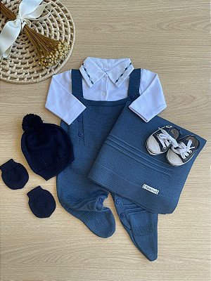 Saída de Maternidade Masculina 6 Peças Azul Jeans | Tricot Luxo Completo | Dinhos Baby