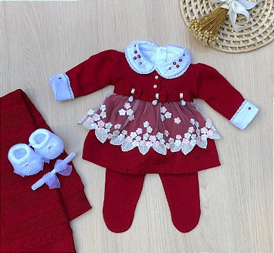 Saída de Maternidade Floratta menina flor6 Peças Tricot com Tule Bordado Dinhos Baby
