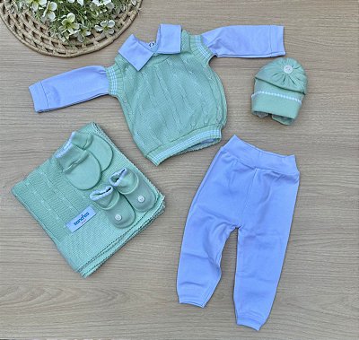 Saída de Maternidade Tricot Verde Menta Sanches menino 7 Peças
