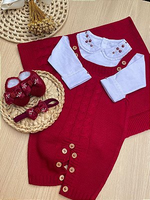 Saída de Maternidade Vermelha Feminina 5 Peças | Tricot com Body, Manta e Faixa | Dinhos Baby