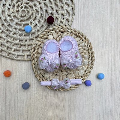 Kit Sapatinho Bella Bloom Pérolas Faixa Bebê 2 Peças