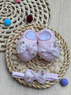 Kit Sapatinho Bella Bloom Pérolas Faixa Bebê 2 Peças