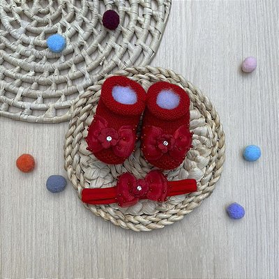Kit Sapatinho Red Charm Pérolas Faixa Bebê 2 Peças