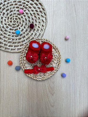 Kit Sapatinho Red Charm Pérolas Faixa Bebê 2 Peças