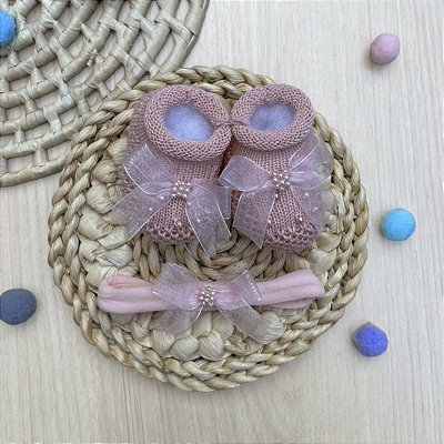 Kit Sapatinho Soft Lace Menina Pérolas Faixa Bebê 2 Peças