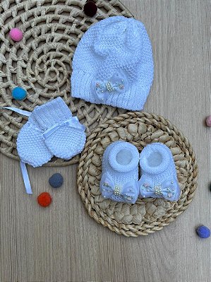 Kit 3 Peças Bloom Bebê Feminino Gorro Luva Sapatinho Pérolas em Tricô