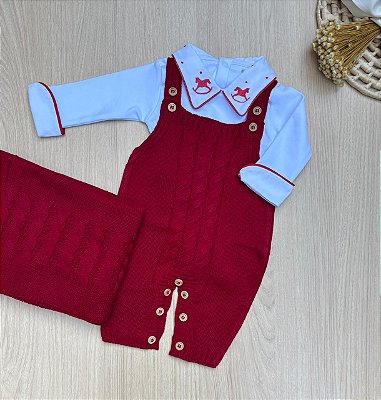 Saída Maternidade Menino Cavalinho Tricot Premium 3 Peças Jardineira + Body + Manta