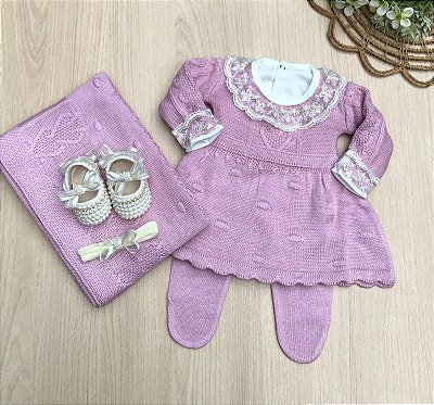 Saída de Maternidade Vestido Menina Pipoca Dinhos Baby 6 peças