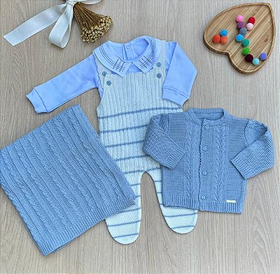 Saída de Maternidade Menino Listrada Dinhos Baby Tricot 4 peças