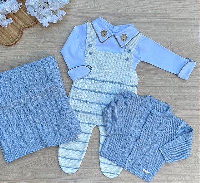 Saída de Maternidade Menino Listradinha Urso Príncipe Dinhos Baby Tricot 4 peças