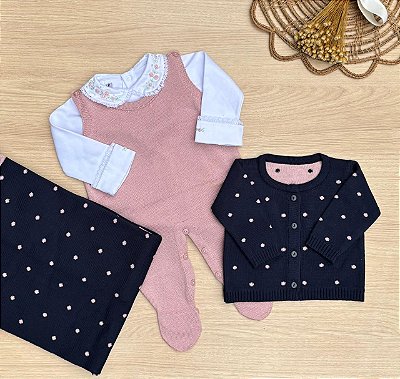Saída de Maternidade Menina Poá 4 Peças Tricot Dinhos Baby