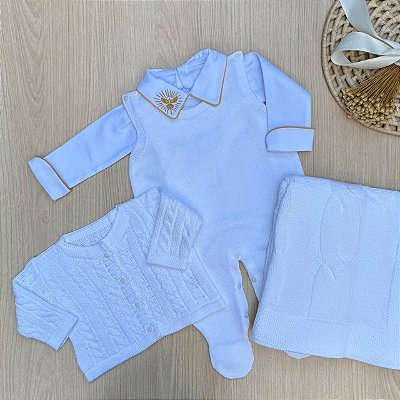 Saída de Maternidade Menino para Batizado 4 Peças Luxo com Casaco – Dinhos Baby