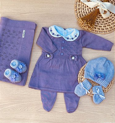 Saída de Maternidade Menina Vestido Rococó Tricot + Kit 7 peças