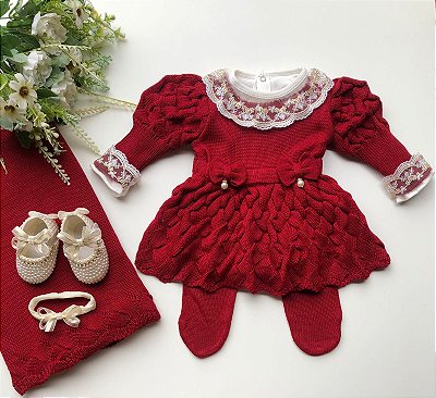 Saída de maternidade de menina vestido bufante em tricot completa perola
