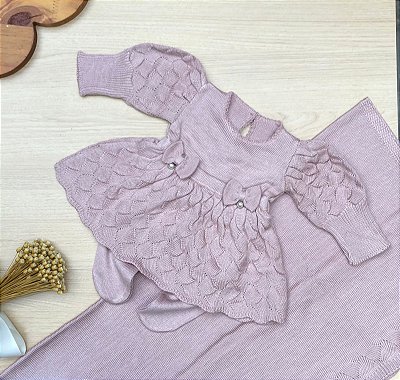 Saída Maternidade Menina Vestido Bufante Tricot 3 Peças