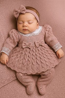 Saída de Maternidade Menina Vestido Bufante Tricot 4 Peças