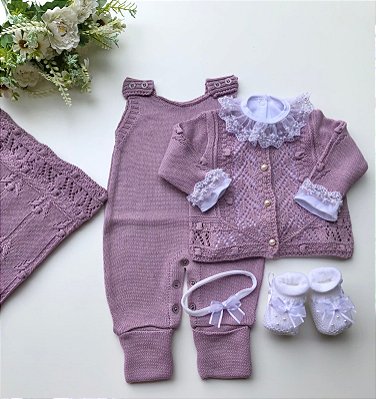 Saída de maternidade de menina conjunto pipoca em tricot 6 peças