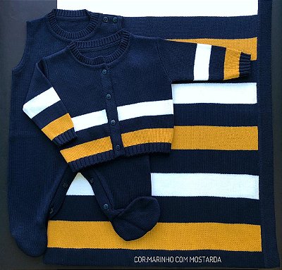 Saída de Maternidade Menino Azul Marinho Listrada em Tricot 3 peças