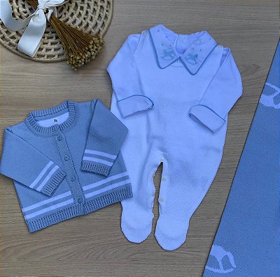 Saída de Maternidade Dinhos Baby Menino Texas Cavalinho Tricot 4 peças