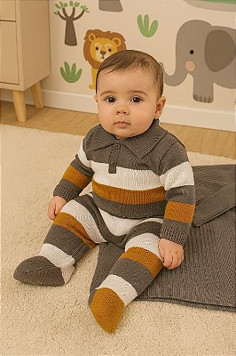 Saída de Maternidade Menino Tricot Gola Polo Listrada 2 Peças