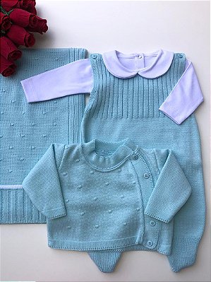 Saída de Maternidade Menino Happy 4 Peças em Tricot com Manta e Body Gola