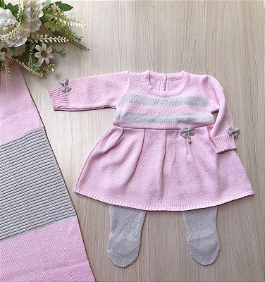 Saida de Maternidade Menina Vestido 3 Laços Roma Tricot 3 Peças
