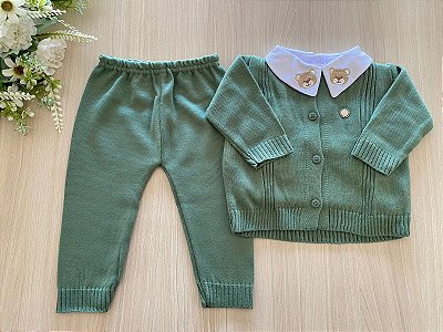 Conjunto casaco + calça em tricot de menino 3 peças body bordado de urso