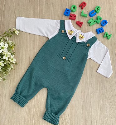 Macacão tricot + body algodão bordado de girafa 2 Peças