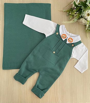 Saída de maternidade de menino em tricot com bordado de leão 3 peças
