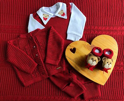 Saída de maternidade de menino alex em tricot com 5 peças urso gravata