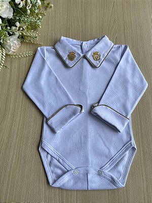 Body Camisa Branco com Bordado de Urso Príncipe - 100% Algodão Bebê