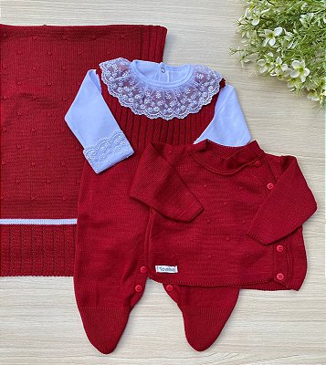 Saída de maternidade de menina happy renda em tricot 4 peças