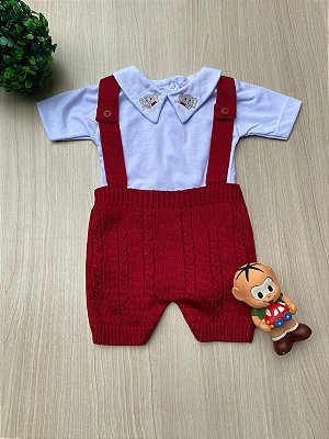 Romper de menino em tricot + body bordado elefante gravatinha
