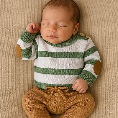 Saída de Maternidade Menino Tricot Listrada - Manta Calça e Cardigã 3 Peças