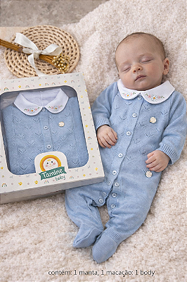 Saída de maternidade de menina macacão margarida em tricot 3 peças