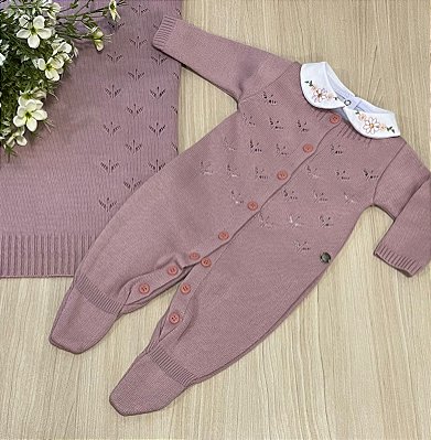 Saída de maternidade de menina macacão margarida em tricot 3 peças