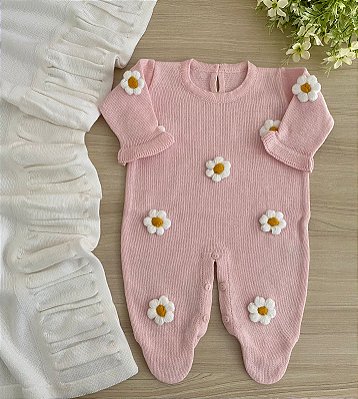 Saida De Maternidade Menina Macacão Tricot com Flores Bordadas em Crochê