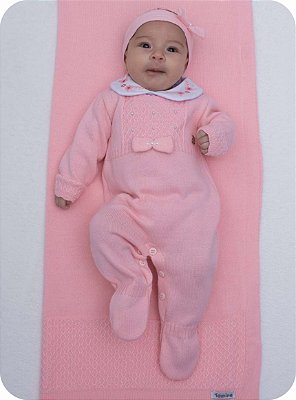 Saída de maternidade Dinhos Baby Mayte macacão em tricot + body com gola bordada + faixa de cabelo 4 peças