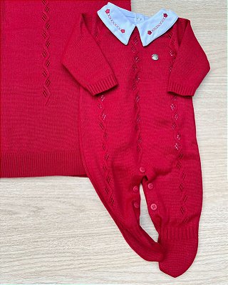 Saída de maternidade Dinhos Baby menino Enzo macacão em tricot 3 peças