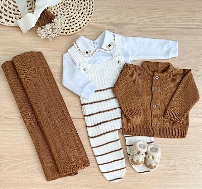 Saída de Maternidade Menino Listrada – 5 Peças Cavalinho Tricot