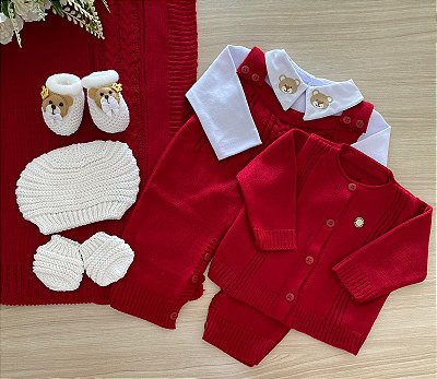 Saída de maternidade Dinhos Baby Madrid em tricot urso 7 peças completa